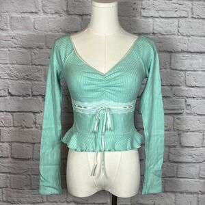 Urban Outfitters Kimchi Blue Women's S Mint Green Ribbed Lace Trim Top Coquette